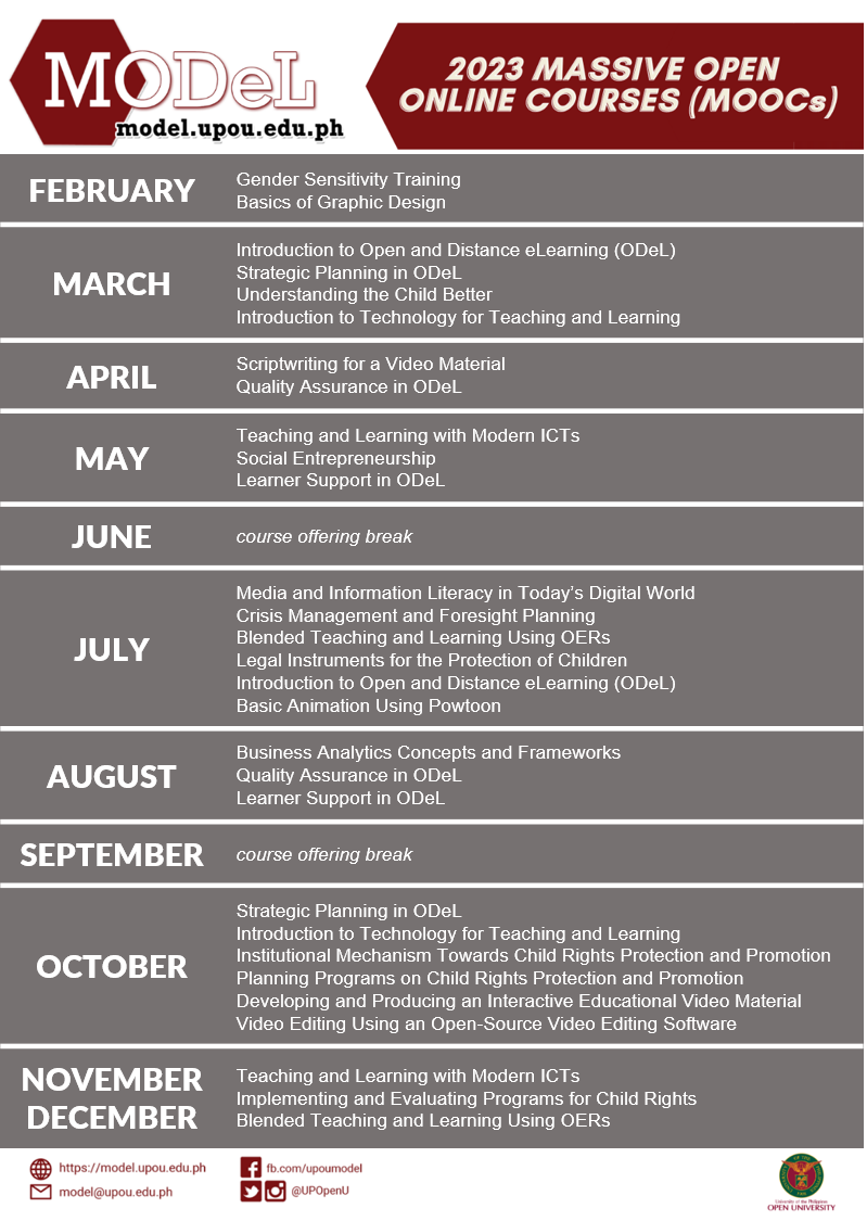 UPOU MODeL 2023 MOOCs Calendar